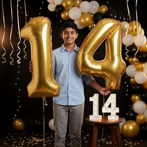 Image of Balloonistics Gold 40-Inch Foil Number 14 Balloon with Matching LED Marquee Light - Combo Set for 14th Birthday, Anniversary, Party Decoration, Photo Booth Backdrop
