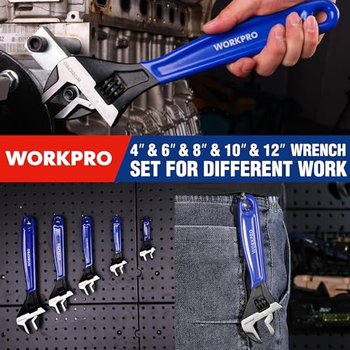 WORKPRO 5-piece Adjustable Wrench Set, 4-Inch & 6-Inch & 8-Inch & 10-Inch & 12-Inch Wrenches, Wide Jaw Black Oxide Wrench, Metric & SAE Scales, Cr-V Steel, for Home, Garage, Workshop - Image 6