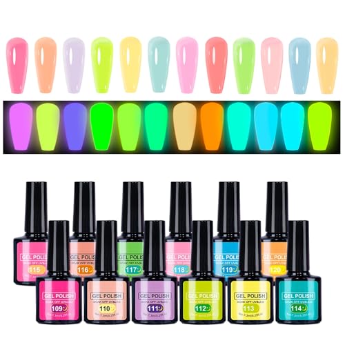 Esmaltes Semipermanentes brille En La Oscuridad, 12 Colores Kit De Esmalte Semipermanente UV Uñas En Gel, Esmaltes Semipermanentes Luminoso Fluorescente, Pintauñas Semipermanente Uñas De Gel UV LED