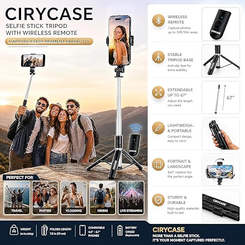 Image of CIRYCASE Selfie Stick Tripod, 67 inch /170CM Reinforced Tripod for Mobile Phone, Multi-Functional Bluetooth Long Selfie Stick for Travel, Vlogging, Compatible with iPhone and All Smartphones