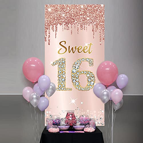 Image of Sweet 16 Birthday Door Banner Backdrop Decorations for Girls, Pink Rose Gold Happy 16th Birthday Party Door Cover Sign Supplies, Sixteen Year Old Birthday Poster Photo Booth Props Decor