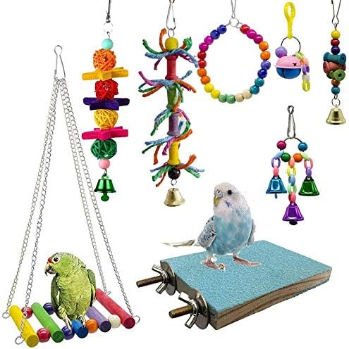 V2COM 8 Pieces Bird Parrot Toys, Swing Hanging Cage Hammock Bell Ladder