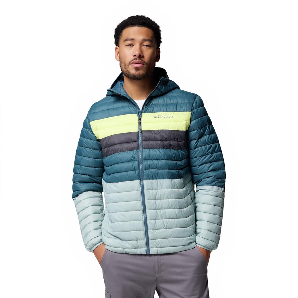 Columbia Men's Powder Pass Hooded Jacket, Hooded Puffer Jacket, Crushed Blue, Everblue, Neon Light, Shrk, XL