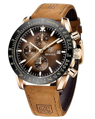 BY BENYAR Orologio da Uomo Cronografo Analogico Movimento al Quarzo Impermeabile Luminoso Moda Sportivo Affari Orologio da Polso Cinturino in Pelle/Acciaio Inox Elegante Regalo per Uomo
