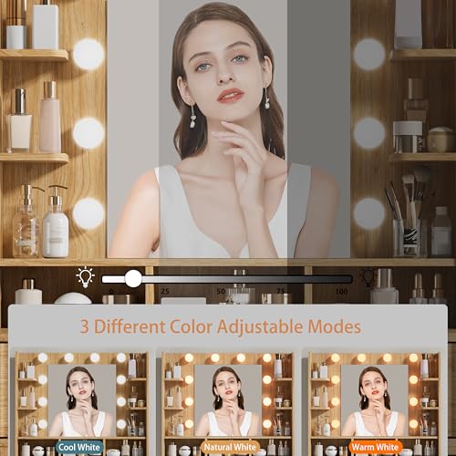Image of Makeup Vanity Desk with Mirror and Lights, 57 inch Fluted Vanity Dresser Combo & Storage Shelves, Vanity Mirror with Mirror and Lights with 8 Drawers, 3 Color Modes, Dressing Table Set for Girls,Oak