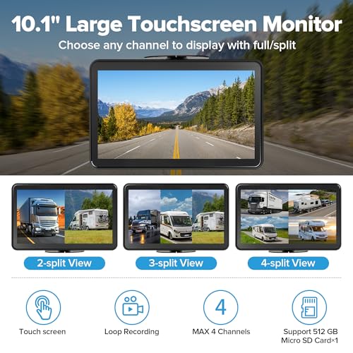 Image of AI 4 Channel 1080P RV Backup Camera System with 10.1 Inch Touchscreen Monitor,Person Detection MDVR Recording with 4pcs IP69K Waterproof Cameras for Truck /Trailer /Camper Van /SUV /Fleet /Push