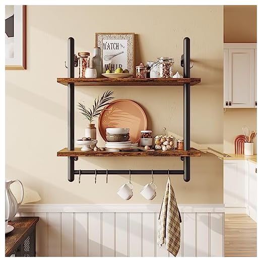Bestier Floating Shelves Kitchen Shelves Wall Mounted 24" Wood Floating Shelf Bathroom 2 Tier Ladder Shelves with Tower Bar, Wall Decor for Bedroom, Living Room, Coffee bar & Balcony, Rustic Brown