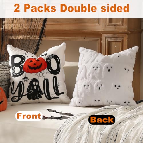 TOYPOPOR Halloween Decorations, 2 Packs Double Sided Ghost Pillow Covers, Soft Faux Fur Throw Pillow Cases, Indoor Outdoor Couch Cushion Case for Fall Autumn Bedroom Living Room Home Decor 16''x16''
