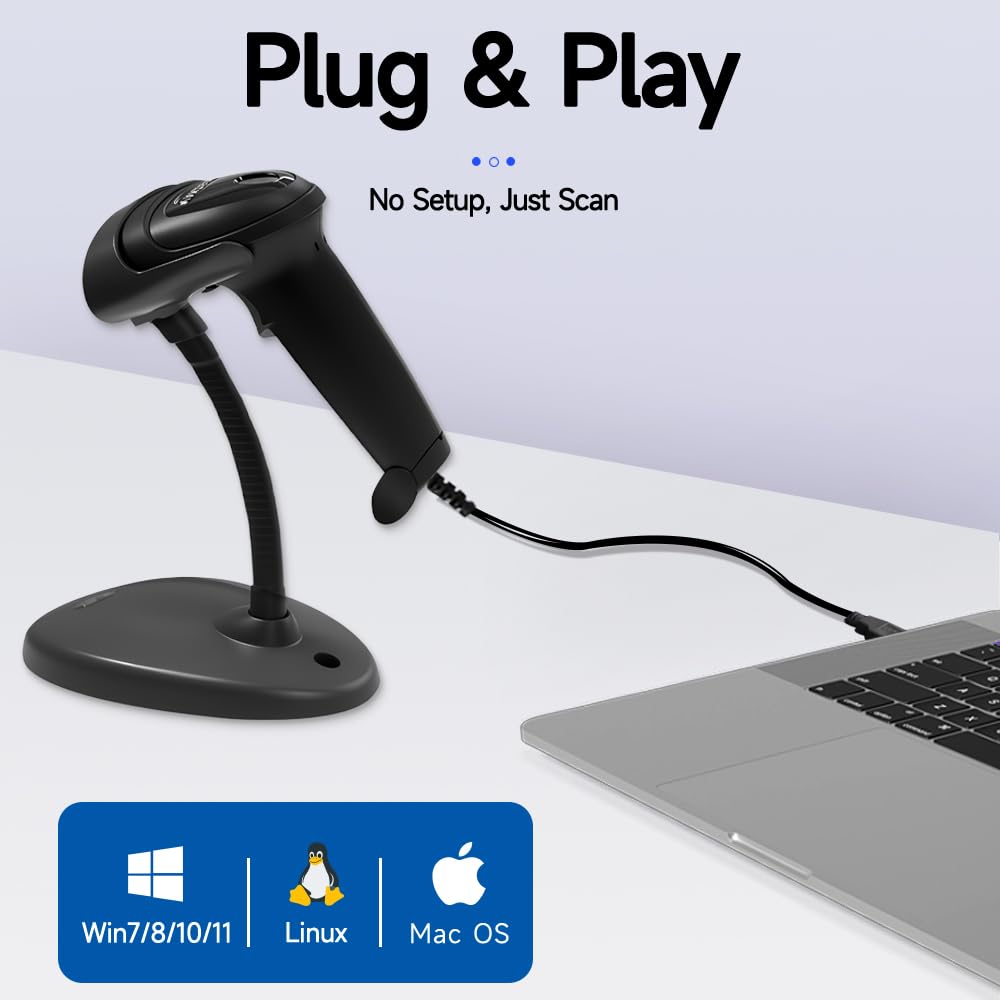 YANZEO Scanner di codici a barre 1D 2D con supporto regolabile, scanner di codice QR, lettore di codici a barre portatile USB con sensore di immagine CMOS e rilevamento automatico dello schermo