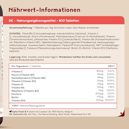 Vitamin B-Komplex | 400 hochwirksame vegane Tabletten (1 Jahr+ Vorrat) | Alle 8 B-Vitamine B1-B2-B5-B6-B12, Biotin, Folsäure, Vit C & D3 | Energie-Boost & Immun-Unterstützung | Alpha Foods