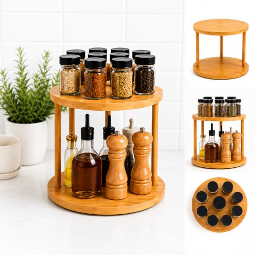 Image of Curated Cart Lazy Susan Organizer for Kitchen, 2 Tier Rotating Tray, 360 Bamboo Turntable, Dining Table Organizer for Home, Oil Bottle Organizer Stand, Kitchen Countertop & Spice Storage Organizer