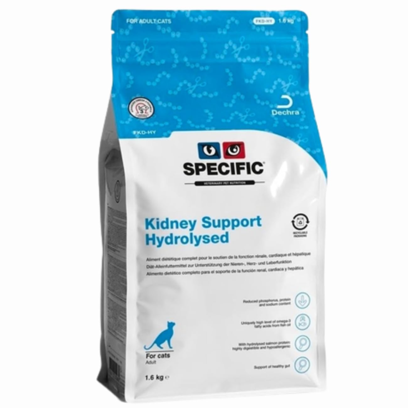 SPECIFIC Kidney Support Hydrolysed (FKD-​HY) 1,​6kg – Croquettes pour chats adultes – Protéines hydrolysées, oméga 3 et huile de krill – Faible teneur en protéines pour le soutien rénal – DECHRA