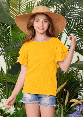 Image of Girls Summer Crewneck Tee Shirts Double Ruffle Short Sleeve Stretch Textured Fabric Casual Blouse 5-14 Years