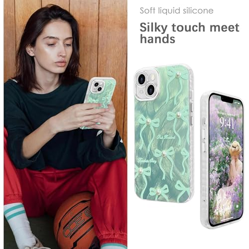Image of VONZEE Compatible with iPhone 15 Plus 6.7'' Case Luxury Pink Girly Cute 3D Bow Pearl Glitter Bling Case with Full Camera Protection Shockproof PC+TPU Glossy Shiny Cover for Girls Women, Green