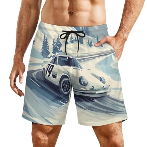 Snow Mountain Racing Car Beach Shorts for Men Swim Trunks Quick Dry Swim Shorts with Compression Liner Pocket
