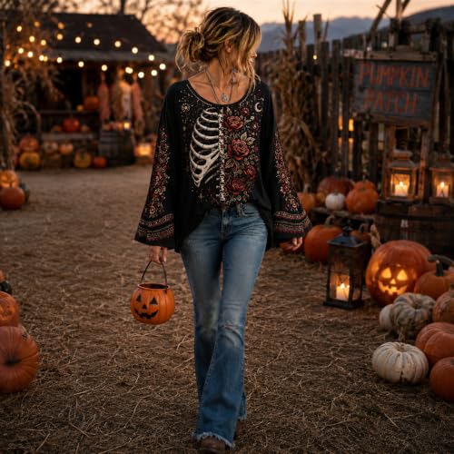 Halloween Sweatshirt for Women Skull Graphic Bell Sleeve Fashion Tops - image 3