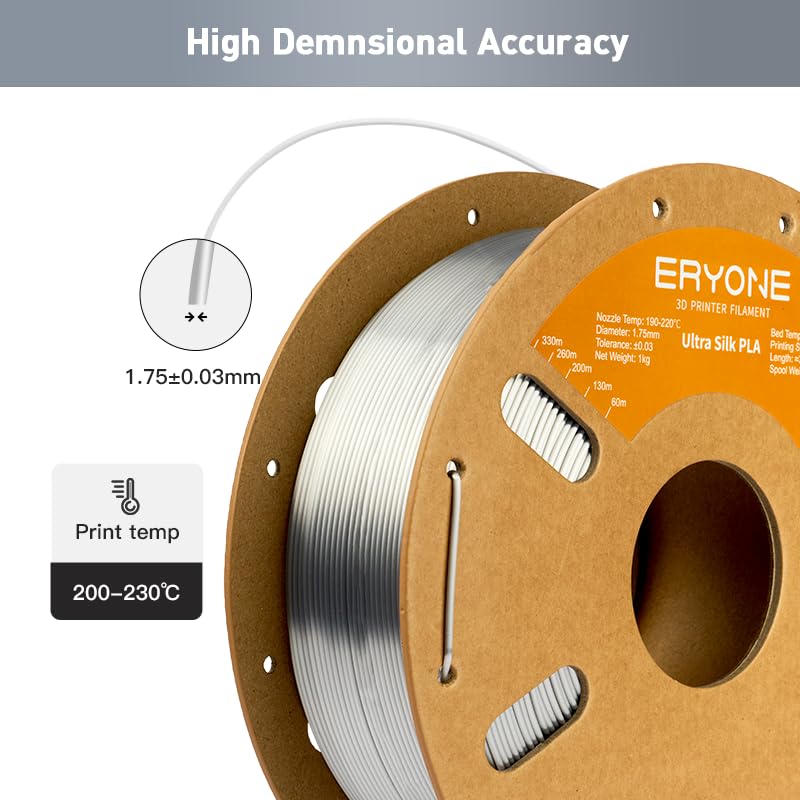 Image of ERYONE Silk Filament PLA+ 1.75mm Upgraded Shiny 3D Printer Filament, Gloss Finish, Fit Most FDM Printer Stable Printing,1kg (2.2LBS) /Spool, Silver