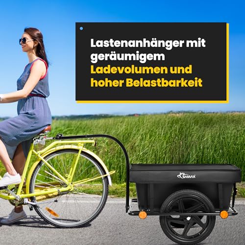 SAMAX Lastenanhänger Fahrradanhänger 90 Liter 80 Kg mit Kupplung Schutzplane und Verbindungsschelle - Transportanhänger Fahrrad Anhänger Handwagen mit Kunststoffwanne in Schwarz - Mountain