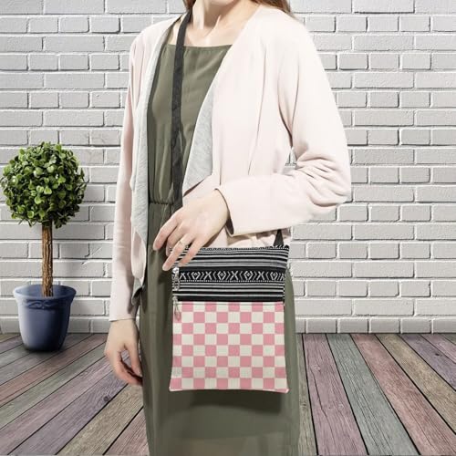 Pink Plaid Messenger Bag Small Ethnic Pattern Printed Adjustable Strap Crossbody Zipper Bag Pink Plaid Phone Bag Wallet Cute Shoulder Handbag for Women3