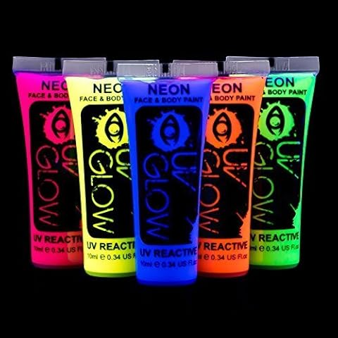 UV Glow Neon Face and Body Paint 10ml - Set of 5 Tubes - Fluorescent Cover
