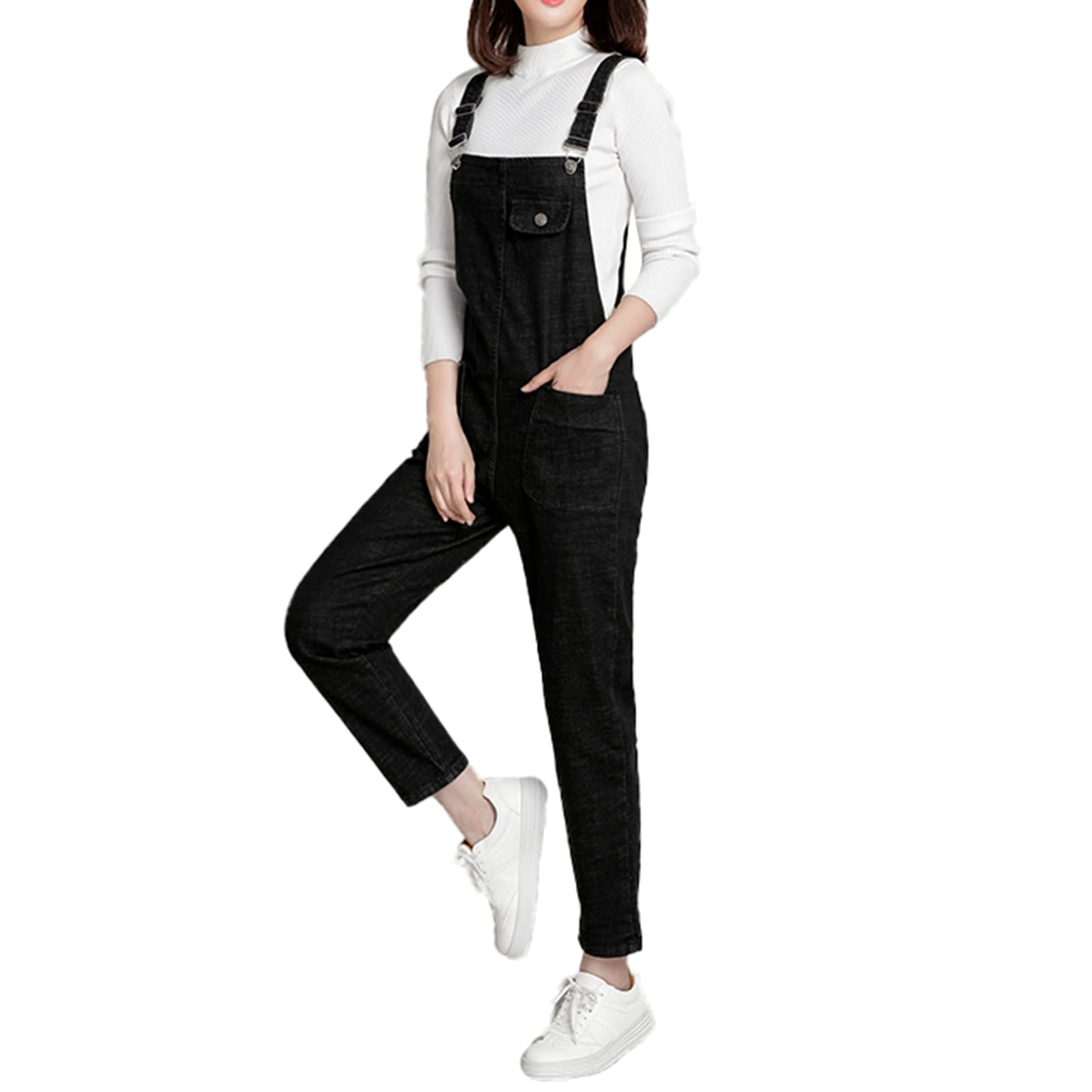 Donna Taglie Forti Salopette in Denim Stretch Lungo Overall Tuta Intera Jumpsuit Pantaloni Jeans con Pettorina (XS-5XL)