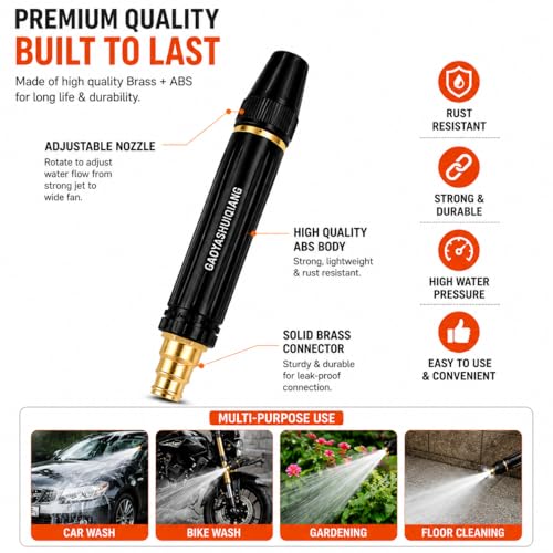Image of GAOYASHUIQIANG High Pressure Car Wash Spray Gun, Brass and ABS, Adjustable Nozzle, Jet and Fan Spray, for Car, Bike, Gardening, Floor Cleaning
