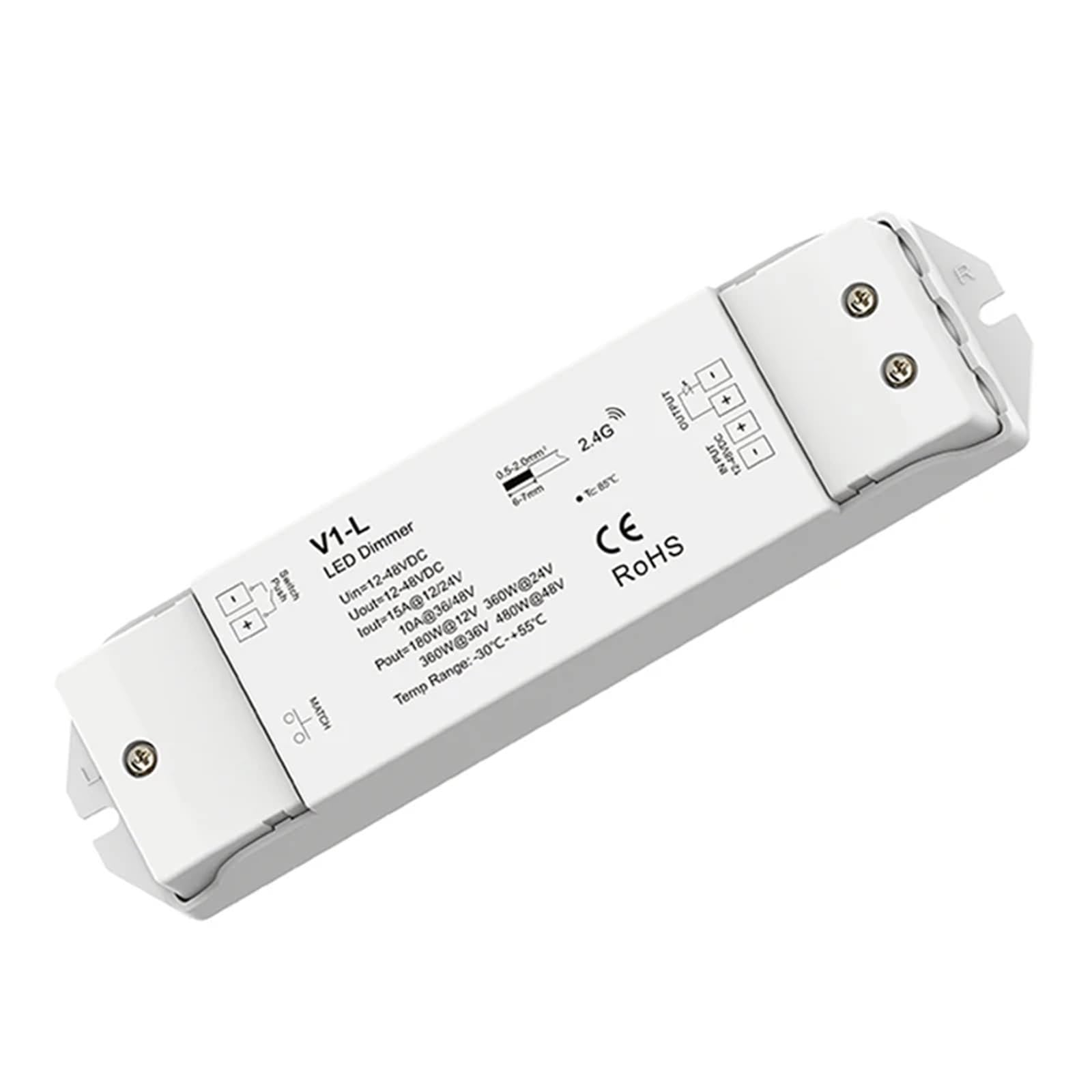 Kontroler LED V1-L DC12V-48V 1-kanałowy PWM RF 2,4 GHz bezprzewodowy pilot zdalnego sterowania do pasków LED jednokolorowy ściemniacz kontroler