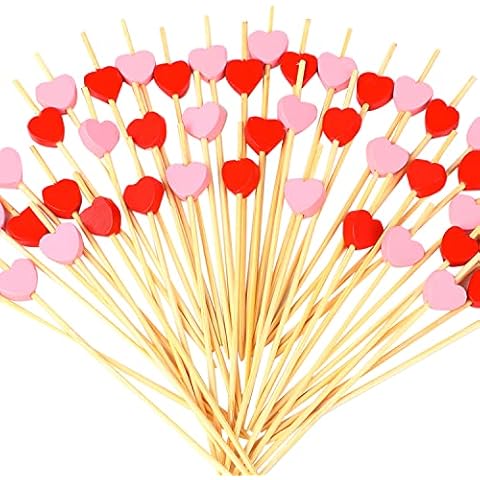 FOIMAS 200pcs Heart Cocktail Picks,Red Pink Heart Shaped Bamboo Toothpicks for Appetizers Fruit Food Cake Valentine's Day Party Wedding Decoration Cover