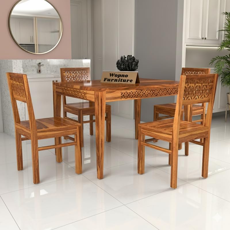 Image of CNC Solid Sheesham Wood 4 Seater Large Dining Table Set Without Cushioned Chairs for Dining Room | Living Room | Home & Office | Hotels Restaurant & Cafe (4 Seater Large, Honey)