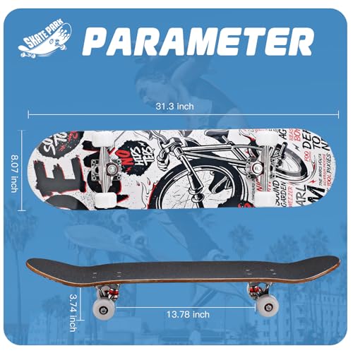 Image of Skull & Wolf Professional Double Kick Skateboard, 31 inch Maple Deck, ABEC-9 Bearings, 97A PU Wheels