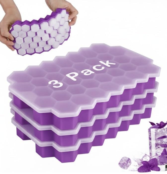 Image of AIG Silicone Ice Cube Trays with Lids - 3 Pack Easy-Release Hexagon Ice Maker for Freezer, Reusable Food-Grade Ice Molds for Cocktail Bar, Whiskey, Iced Coffee & Home Kitchen (Purple)