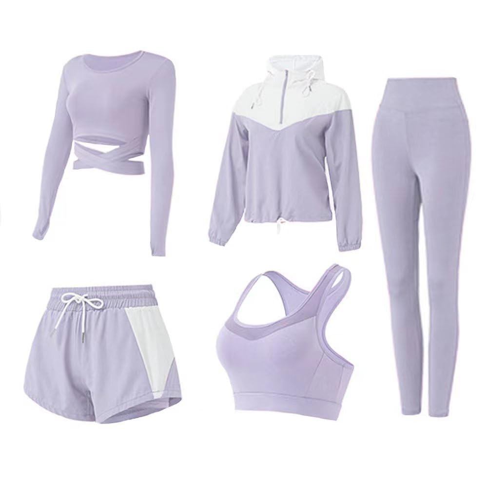 5 PCS Workout Sets for Women Yoga Running Outfit Athletic Gym Exercise Clothes Activewear Sets Tracksuit