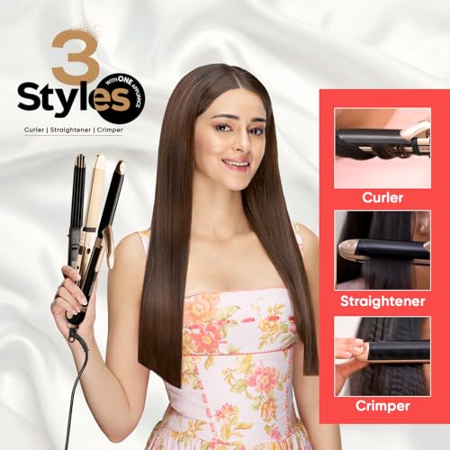 Image of Vega 3 in 1 Hair Styler for Women, (India's No.1 Appliance Brand) | Straightener, Curler and Crimper, Quick Heat up, Suitable for All Types, Gold-Black (VHSCC-01)