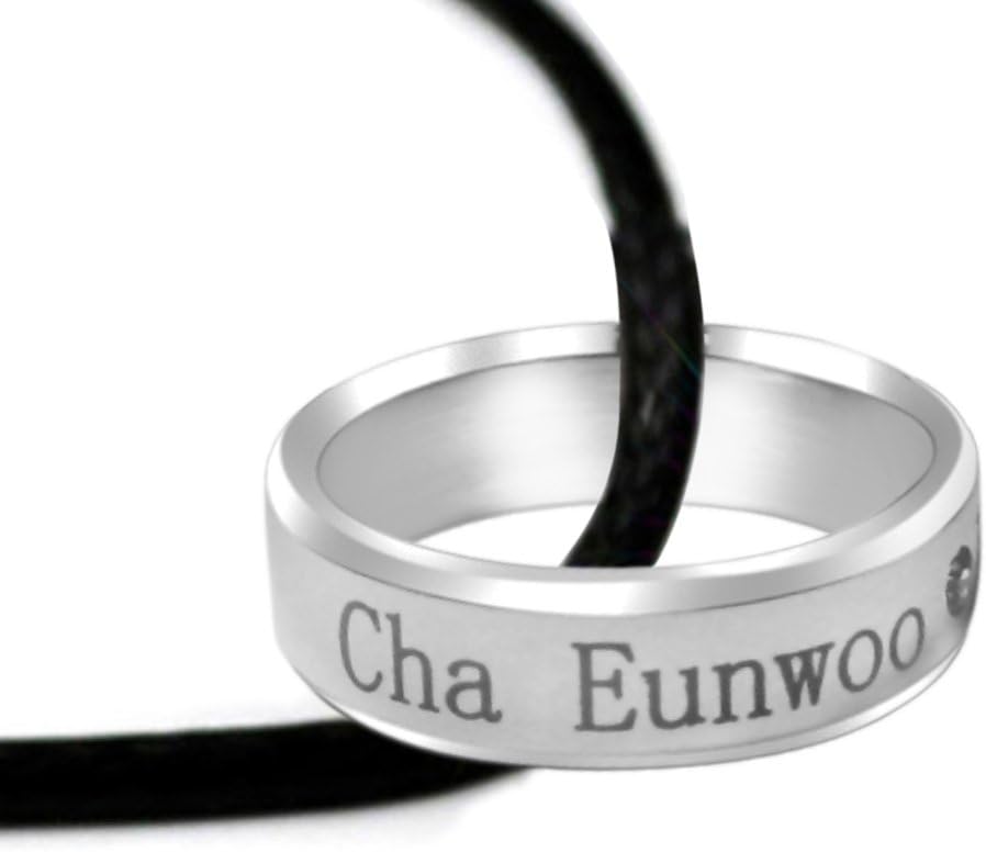 NationInFashion Cha Eunwoo Astro Kpop Titanium Birthday Ring Necklace with Black Leather Like Chain