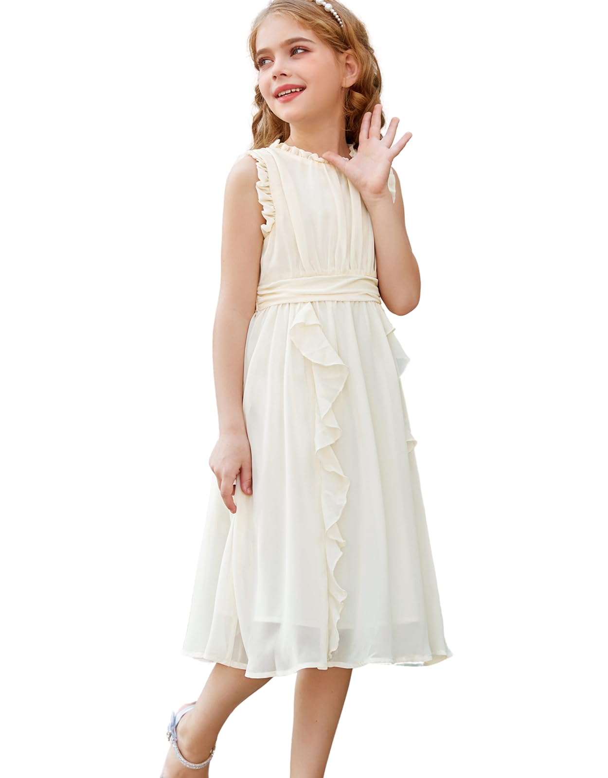 GRACE KARIN Vestido de niña de gasa con cinturón, informal, festivo, sin mangas, cuello redondo, vestido de verano para escolarización, 6-12 años
