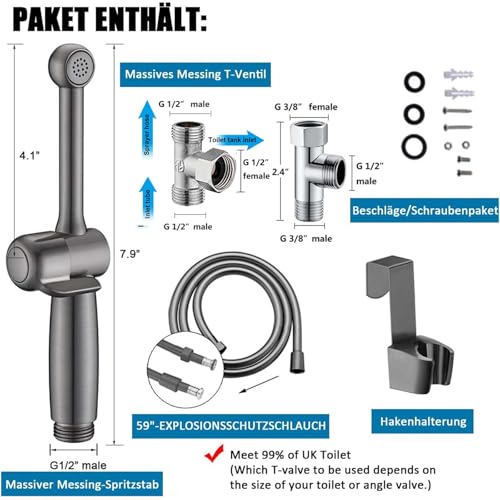 Bidet Sprayer Uvish Bidet Attachment for Toilet UK Handheld Bidet Spray Muslim Shower with Hose for Bathroom, Baby Cloth Diaper, Personal Hygiene, Solid Brass Bum Cleaner (Rust-Proof Grey) - Image 3