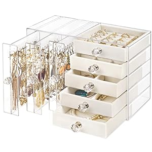 Jenseits Acrylic Jewelry Organizer, Clear Earring Box with 5 Drawers, Velvet Hanging Jewelry Holder Stand Storage for…