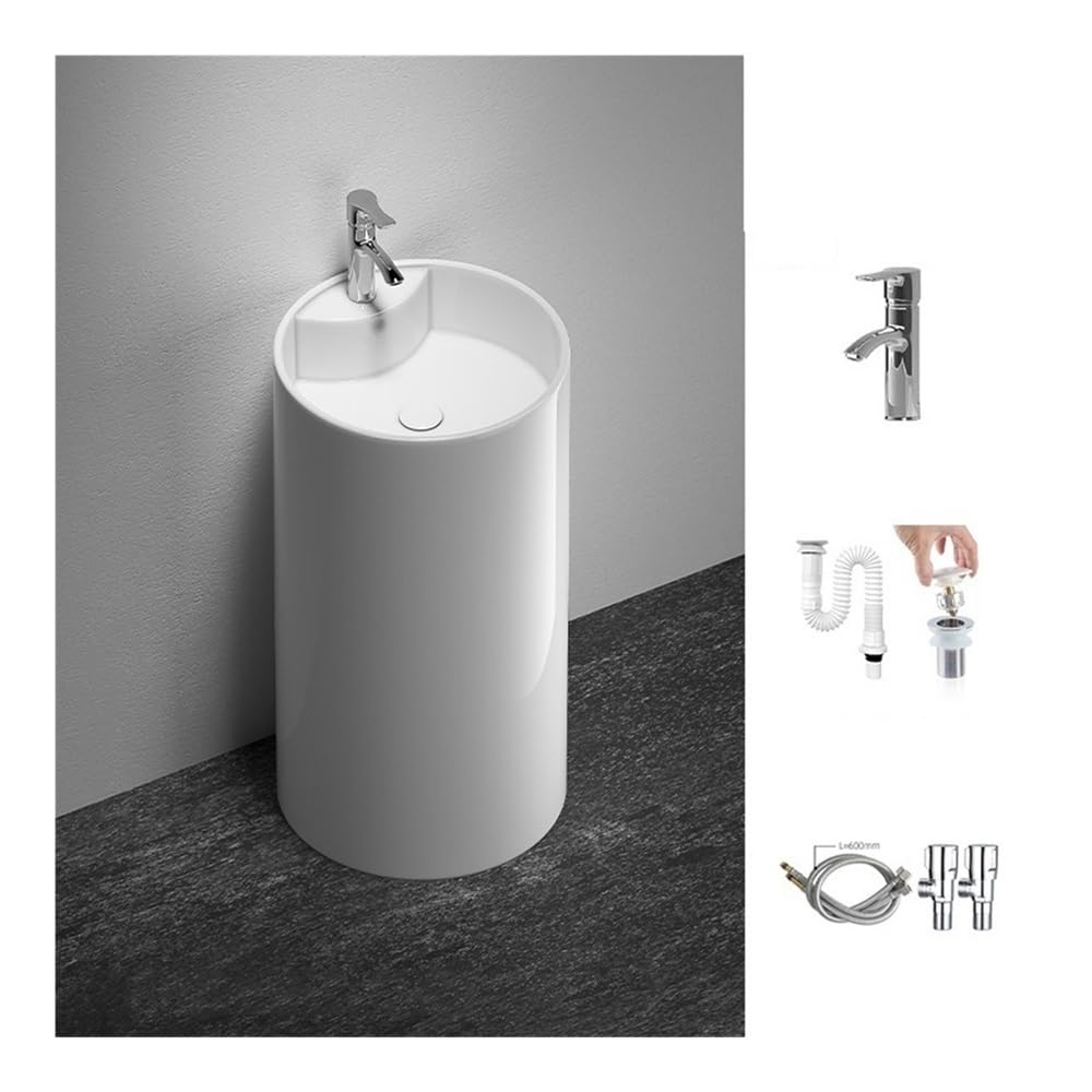 Nowoczesny ceramiczny zlew na cokół z kranem i zestawem odpływowym – stylowa jednoczęściowa umywalka łazienkowa oszczędzająca miejsce konstrukcja łatwa instalacja idealna do remontu domu