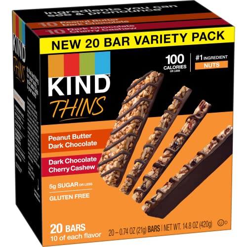 KIND Thins Snack Bars, 2 Flavor Variety Pack, Gluten Free, 100 Calorie, 60 Count, Peanut Butter Dark Chocolate & Dark Chocolate Cherry Cashew - image 3