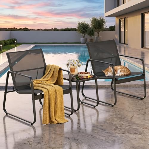 Gizoon Patio Chairs Set of 2, Patio Bistro Set 3PCS, Outdoor Patio Furniture Set with Rust-Resistant Metal Frame, 330LBS Capacity，for Balcony/Lawn/Patio/Pool, RCS Certified Recycled Material, Black