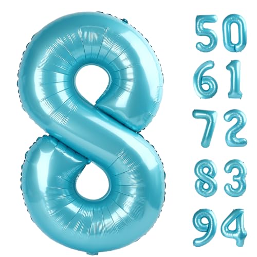 Image of Pearlescent Blue 8 Balloon, Number Balloons 40 Inch, 8th Birthday Decorations, Birthday Balloons, Pearlescent Blue Party Supplies, Number 8 Balloon