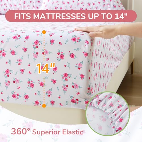 Image of MUXHOMO Queen Size 4 Piece Sheet Set, Soft & Breathable Sheet for Bedroom with Deep Pocket Up to 16 inch, Wrinkle-Free & Cooling Bed Sheet with Flat Sheet, Fitted Sheet & Pillowcases - Pink Flower Sea