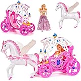 Puppen Kutsche mit Pferd Pegasus & Puppe - pink _ passend für Barbie Puppen - Steffi Love - LOL Surprise _ Spielzeug Puppe - Prinzessin Pferdekutsche - Märche..