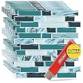 XFasten Kitchen Backsplash Sticky Tiles 10pcs 12” x 12” w/Mini Cutter Teal Peel and Stick Tile Backsplash for Kitchen, Shower, and Bathroom | Waterproof Back Splashes for Kitchens Peel and Stick