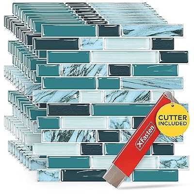 XFasten Kitchen Backsplash Sticky Tiles 10pcs 12” x 12” w/Mini Cutter Teal Peel and Stick Tile Backsplash for Kitchen, Shower, and Bathroom | Waterproof Back Splashes for Kitchens Peel and Stick