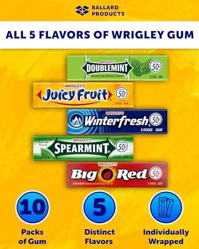 Wrigley Chewing Gum Variety Pack of 10 - All 5 Flavors of Wrigley Gum - Juicy Fruit, Spearmint, Doublemint, Winter Fresh, and Big Red - Bundle with Ballard Products Pocket Bag