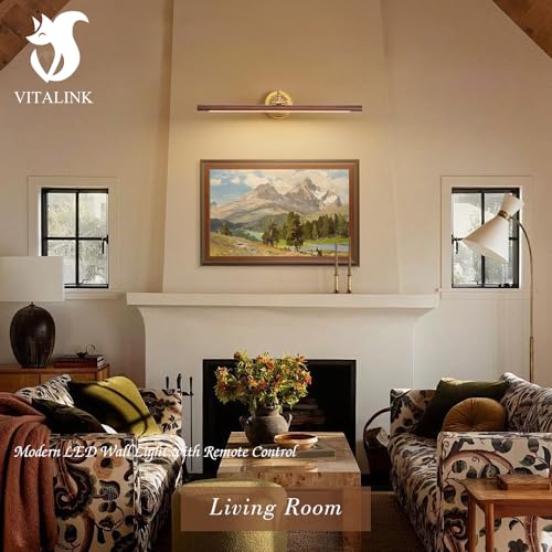 Image of VitaLink Picture Lights for Wall, Remote Control Hardwired Artwork Picture Lighs 27.5 inch Long Retro Gold Wall Paintings Display Lighting Swing Arms Wooden Wall Lamp Bathroom Vanity Light Dimmable