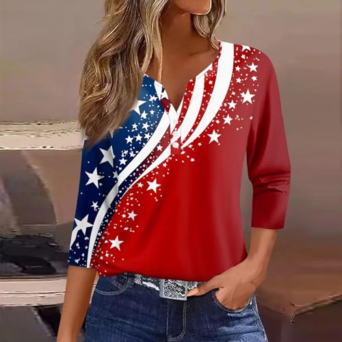 Image of 4th of July Shirts Women 3 /4 Length Sleeve Womens Tops Henley Neck Casual Patriotic T Shirts