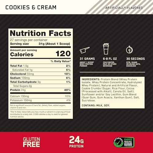 Image of Optimum Nutrition Gold Standard 100% Whey Protein Powder, Cookies & Cream, 2 Pound (Packaging May Vary)