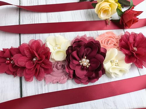 Maternity Flower Sash Belt Wine Red,Flower Sash for Pregnancy, Burgundy Belts Women for Dress2